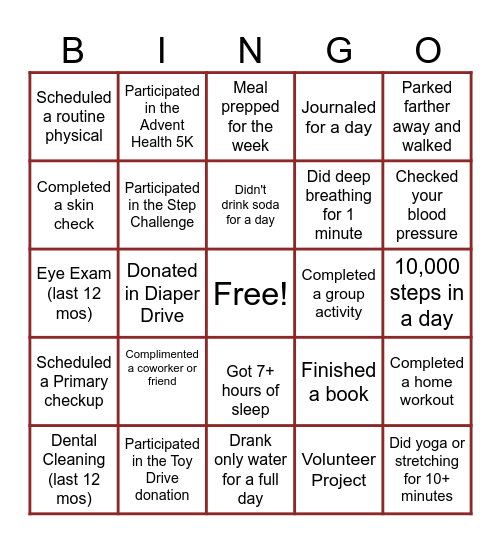 Summer Health Bingo Card