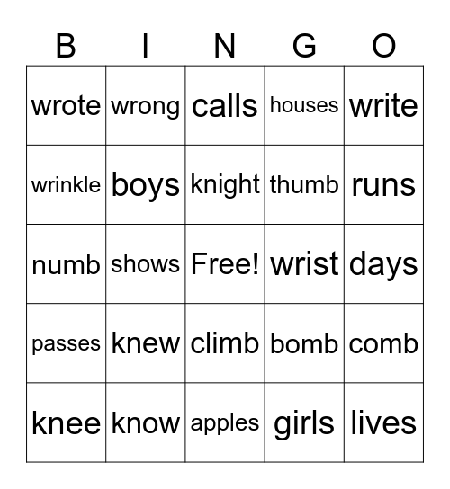 kn, wr, nb words - s and es words Bingo Card