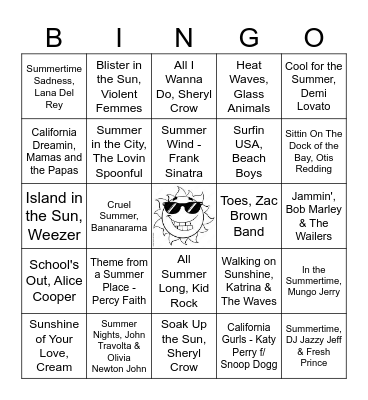 Summer Songs Bingo Card