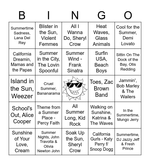 Summer Songs Bingo Card