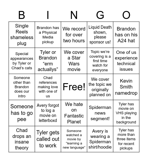 Jabbas Dungeon Podcast Bingo Card