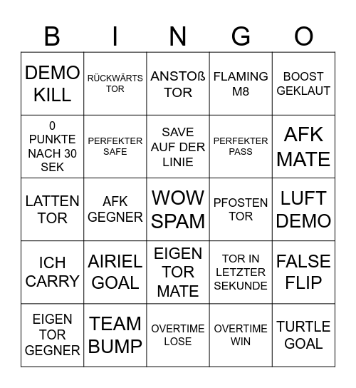 Rocket League Bingo Card