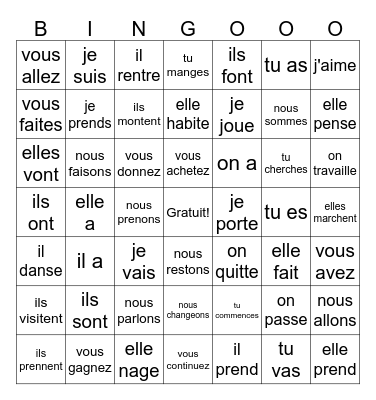Present tense - ETRE, AVOIR, ALLER, FAIRE, PRENDRE, ER verbs Bingo Card