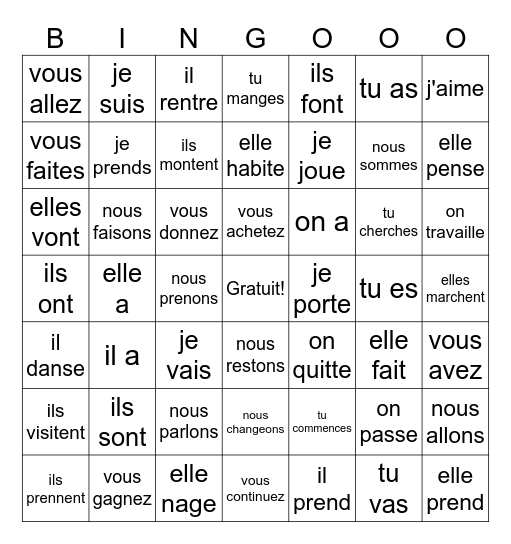 Present tense - ETRE, AVOIR, ALLER, FAIRE, PRENDRE, ER verbs Bingo Card