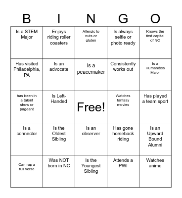 Upward Bound Staff Bingo Card