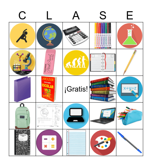 útiles escolares y asignaturas Bingo Card
