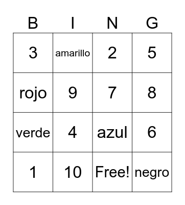 Colores & Numeros Bingo Card