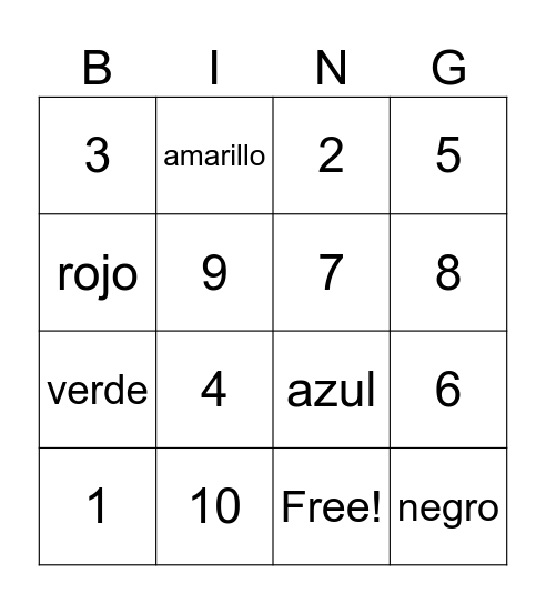 Colores & Numeros Bingo Card