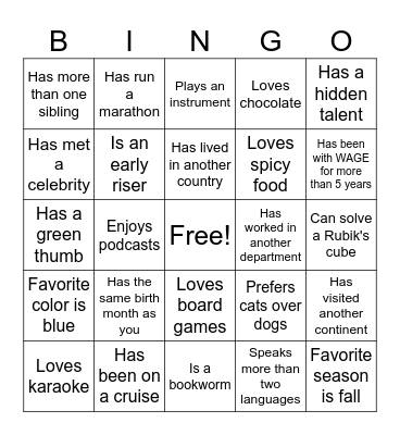 Get to know you DMO Bingo Card