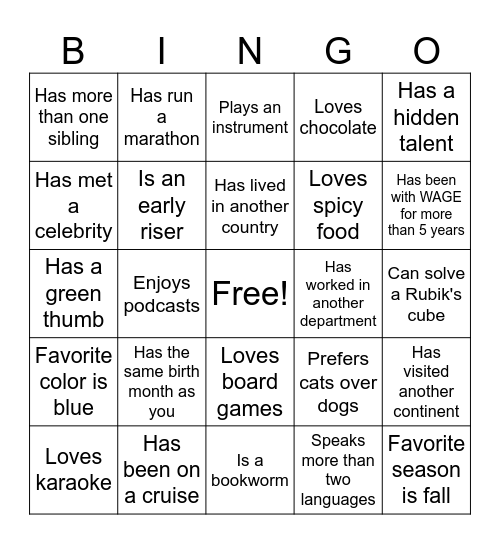 Get to know you DMO Bingo Card