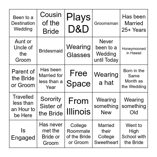 Beth & Jake's Wedding Bingo Card