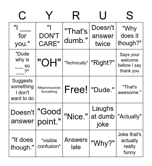 Cyrus Bingo Card