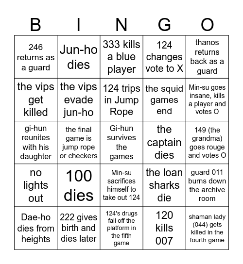 Squid Game Season 3 Predictions Bingo Card
