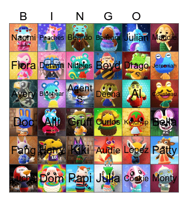 Animal Crossing Villager Hunting Bingo Card