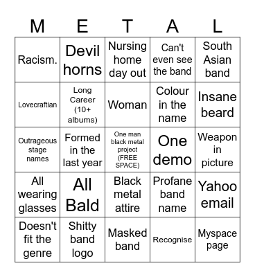 Metal Archives Bingo Board Bingo Card