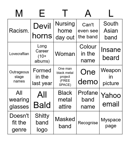 Metal Archives Bingo Board Bingo Card