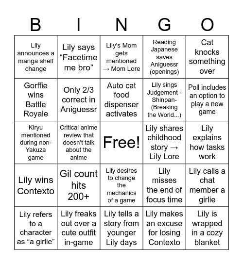 Just a Regular LilySleepsLate Stream Bingo Card