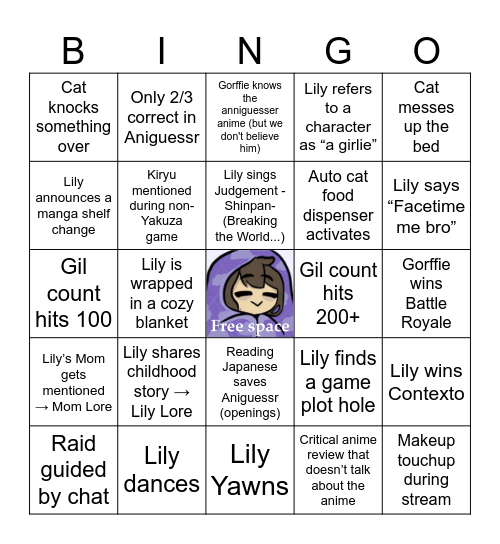 Just a Regular LilySleepsLate Stream Bingo Card