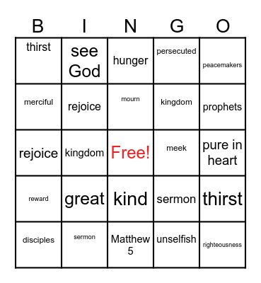 The Beatitudes Bingo Card