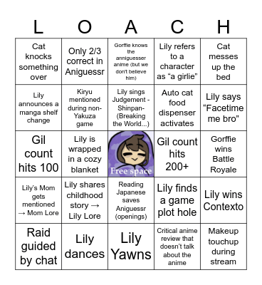 Just a Regular LilySleepsLate Stream Bingo Card
