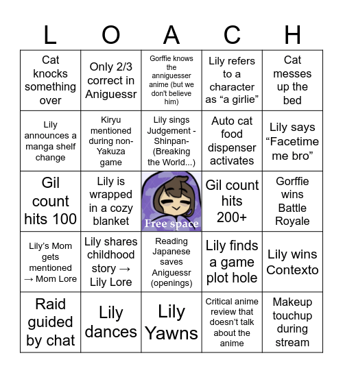 Just a Regular LilySleepsLate Stream Bingo Card