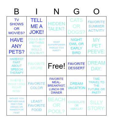 GET TO KNOW ME BINGO Card