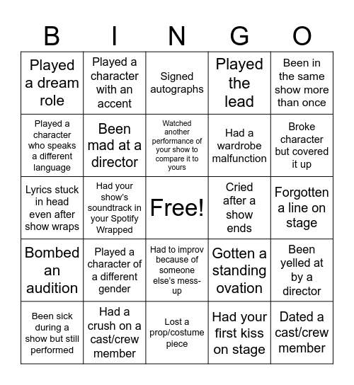 Theatre Kid Bingo Card