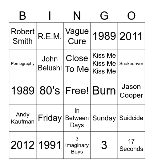 R.E.M, The Cure MTV Unplugged Bingo Card