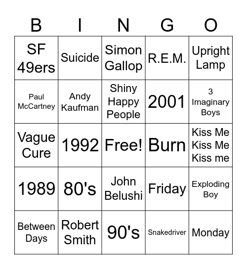 MTV Unplugged  R.E.M, The Cure Bingo Card