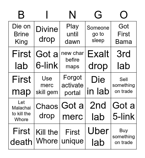PoE League Start Drink Bingo Card