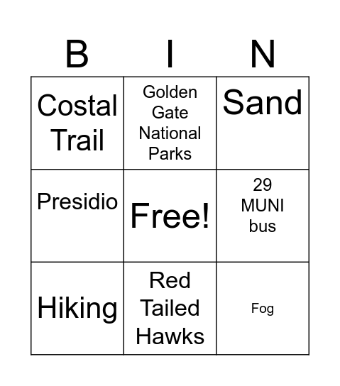 Baker Beach Bingo Card
