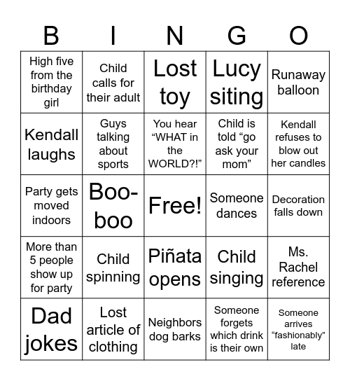 Birthday Party Bingo Card