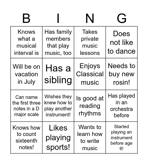 Musician Bingo! Bingo Card