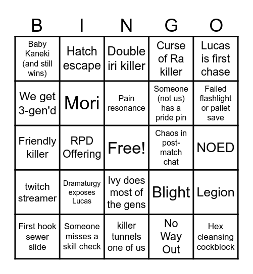 DBD MG Bingo Card