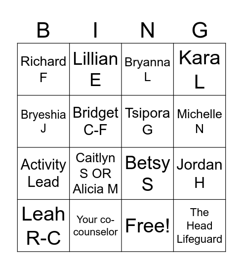 JORI Staff Bingo Card