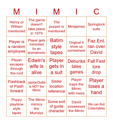 Secret of the Mimic Bingo Card