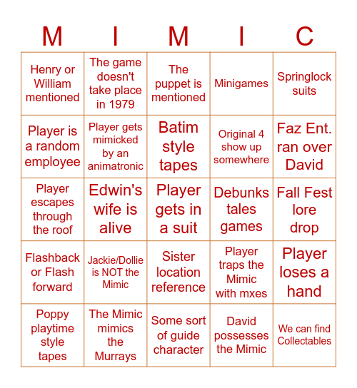 Secret of the Mimic Bingo Card