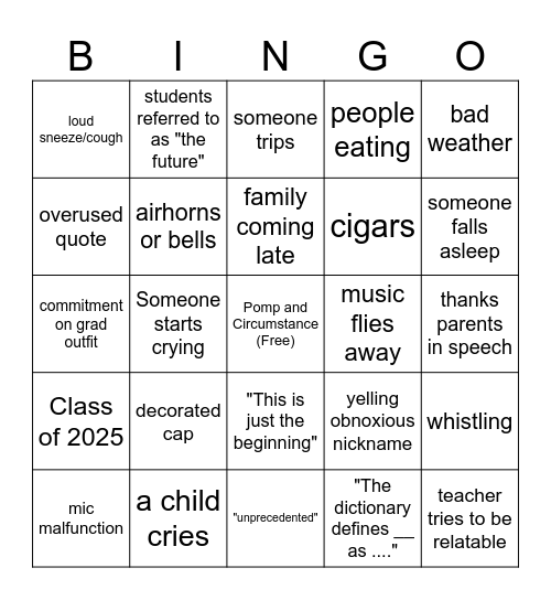 Graduation Bingo Card
