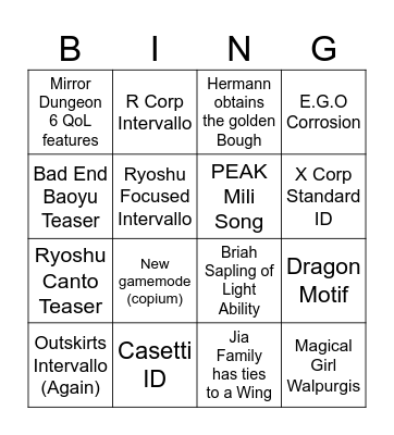 Limbus Company - Half 2025 Stream Bingo Card