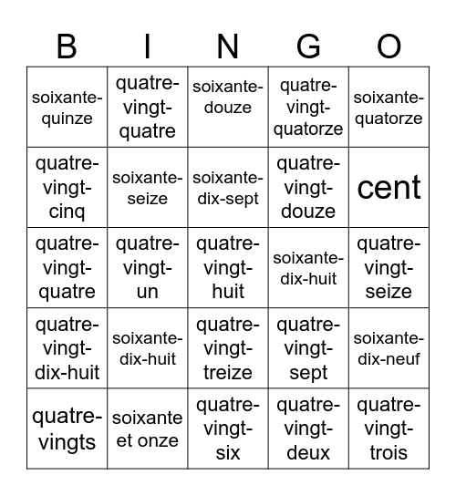 Bingo des Nombres Bingo Card