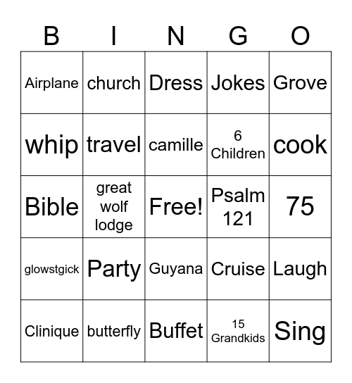 Camille's 75th Birthday Bingo Card