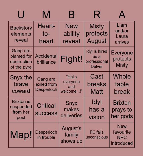 Age of Umbra: Episode 3 (AUx03) Bingo Card