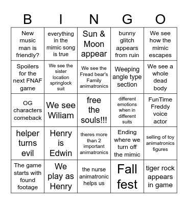 FNAF: Secret Of The Mimic Bingo!!!! Bingo Card