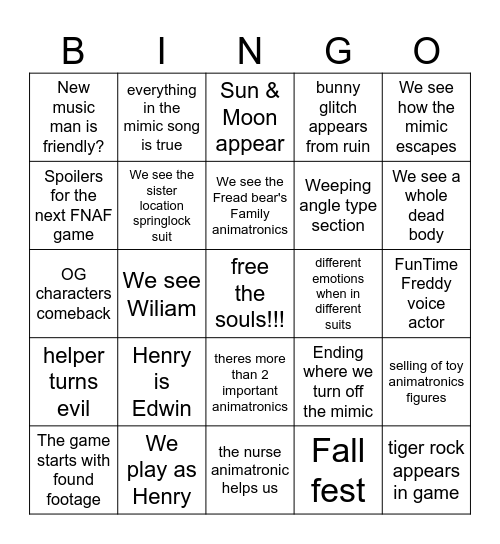 FNAF: Secret Of The Mimic Bingo!!!! Bingo Card