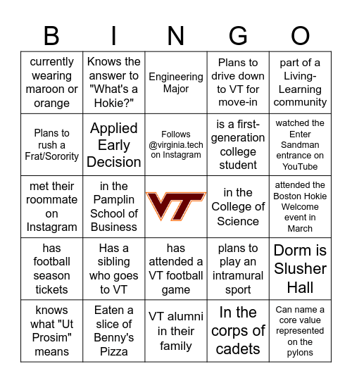 Virginia Tech Student Send-Off 2025 - New England Hokies Bingo Card
