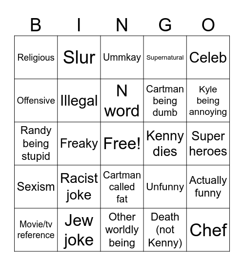 South Park bingo Card