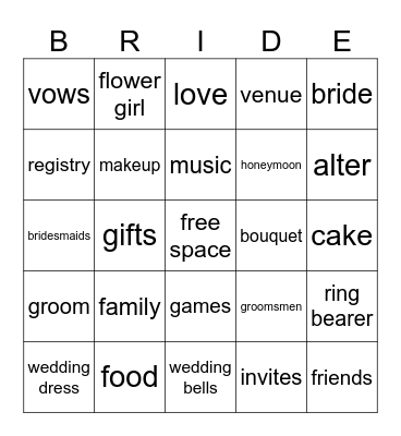 Megans' Bridal Bingo Card