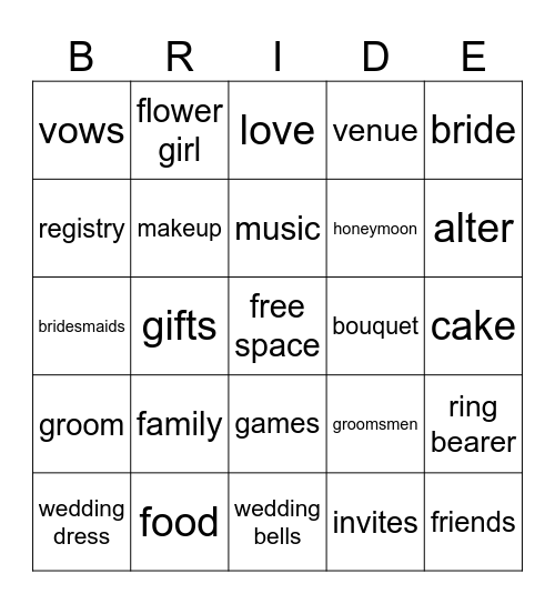 Megans' Bridal Bingo Card