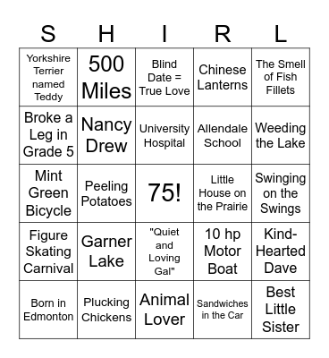 SHIRLEY Bingo Card