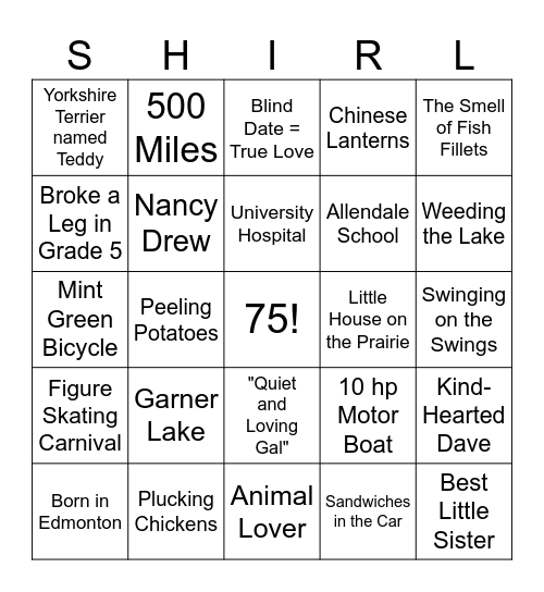 SHIRLEY Bingo Card
